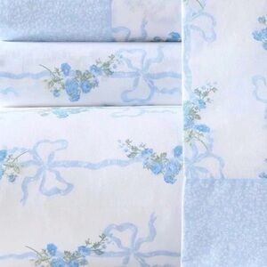 Laura Ashley King Blue and White Floral Ribbon Bedding Sheets ~ Cottage Core